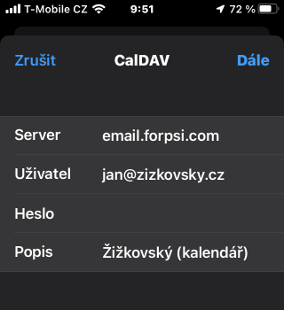 iOS pridani CalDAV uctu 